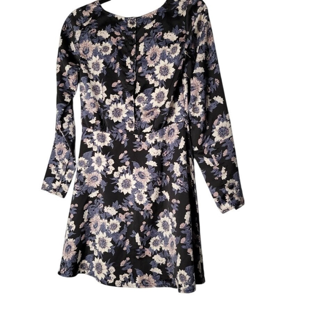 Free People Floral Mini Dress Size 2 Black Long Sleeve Fit Flare Cottagecore - Picture 3 of 14